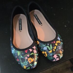 Alice + Olivia Black Flats with Multicolor Floral Design